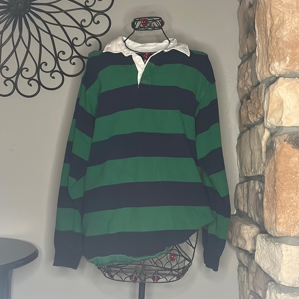 Unisex long sleeve shirt with blue/green stripes and white collar